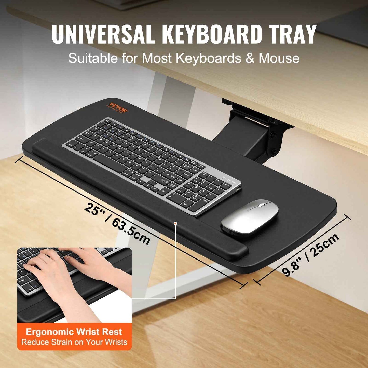 Adjustable Under-Desk Keyboard Tray with Wrist Rest – 25x9.8 Inch